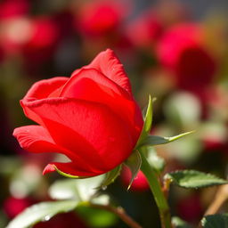 A beautiful rose in vibrant strawberry color, showcasing delicate petals and a lush green stem