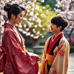 A captivating scene featuring a Japanese woman in an elegant, flowing kimono, her hair styled beautifully, subtly exuding allure and confidence