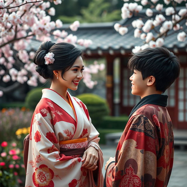 A captivating scene featuring a Japanese woman in an elegant, flowing kimono, her hair styled beautifully, subtly exuding allure and confidence