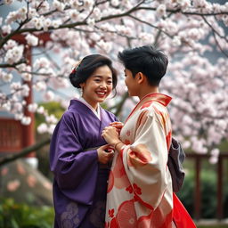 A captivating scene featuring a Japanese woman in an elegant, flowing kimono, her hair styled beautifully, subtly exuding allure and confidence