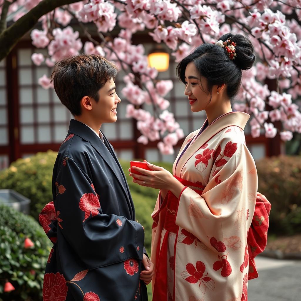 A captivating scene featuring a Japanese woman in an elegant, flowing kimono, her hair styled beautifully, subtly exuding allure and confidence