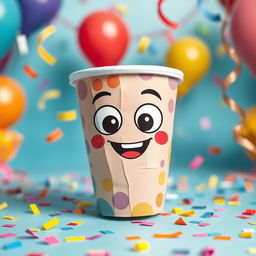 A cartoonish paper cup, featuring bright colors and playful designs, with exaggerated features like oversized eyes and a quirky smile