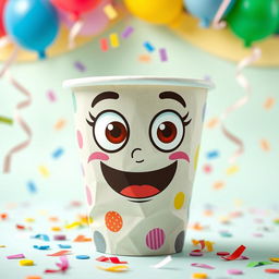 A cartoonish paper cup, featuring bright colors and playful designs, with exaggerated features like oversized eyes and a quirky smile