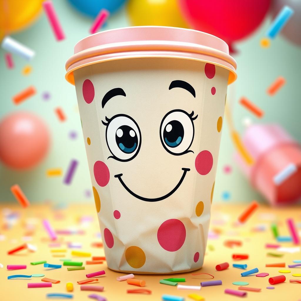 A cartoonish paper cup, featuring bright colors and playful designs, with exaggerated features like oversized eyes and a quirky smile