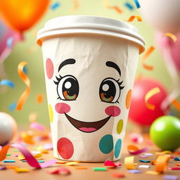 A cartoonish paper cup, featuring bright colors and playful designs, with exaggerated features like oversized eyes and a quirky smile