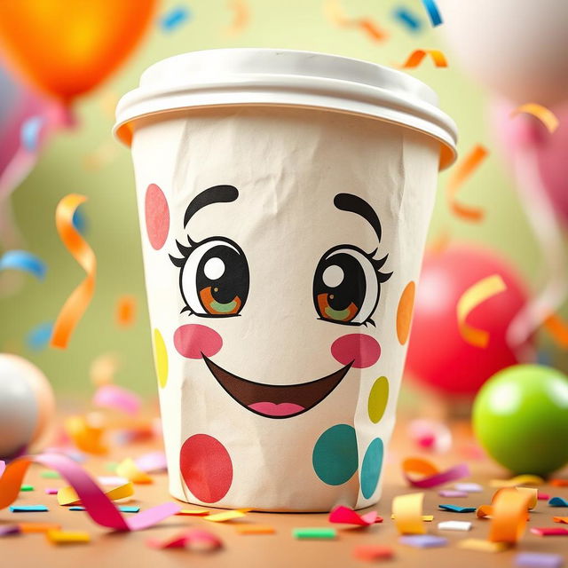 A cartoonish paper cup, featuring bright colors and playful designs, with exaggerated features like oversized eyes and a quirky smile