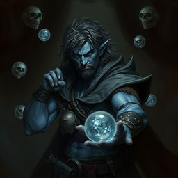 An elegant male Firbolg cleric, poised in a combat stance, surrounded by floating necrotic orbs in a dark, ominous environment