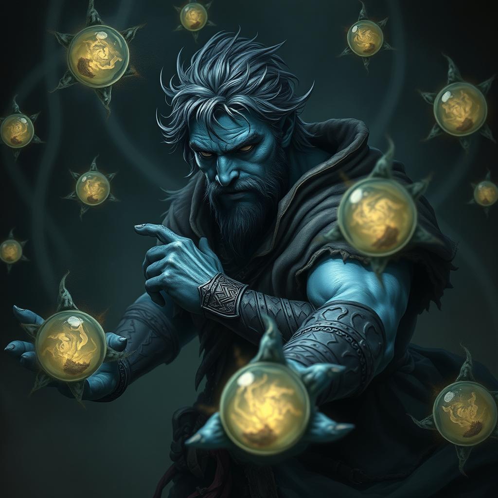 An elegant male Firbolg cleric, poised in a combat stance, surrounded by floating necrotic orbs in a dark, ominous environment