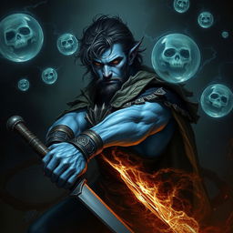 An elegant male Firbolg cleric, poised in a combat stance, surrounded by floating necrotic orbs in a dark, ominous environment