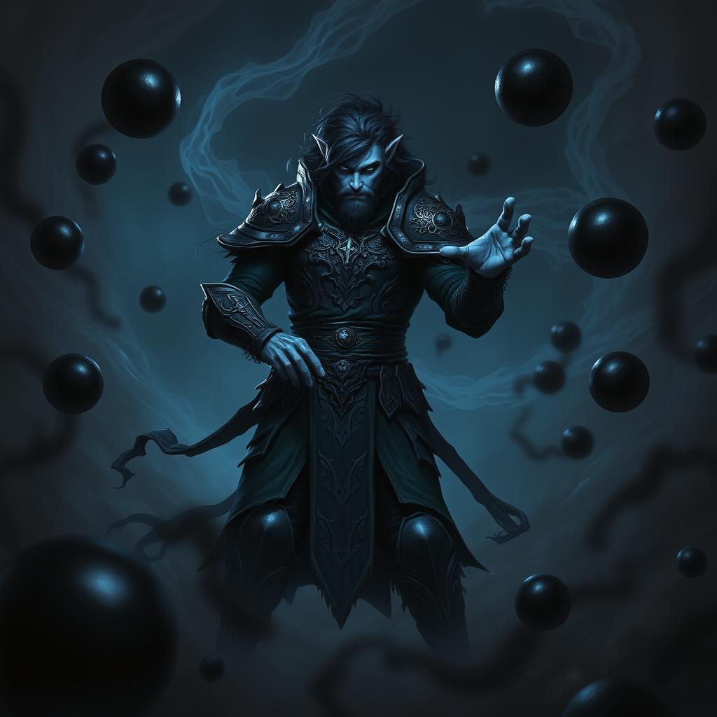 An elegant male Firbolg cleric, with blue skin and scruffy hair, poised in a combat stance within a dark and ominous environment