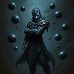 An elegant male Firbolg cleric, with blue skin and scruffy hair, poised in a combat stance within a dark and ominous environment