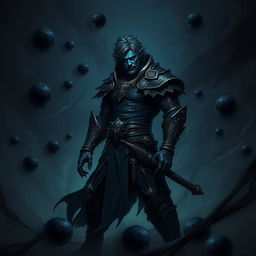 An elegant male Firbolg cleric, with blue skin and scruffy hair, poised in a combat stance within a dark and ominous environment