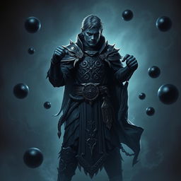 An elegant male Firbolg cleric, with blue skin and scruffy hair, poised in a combat stance within a dark and ominous environment