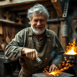 A grizzled older man working as a blacksmith, showcasing his craft in a rustic workshop