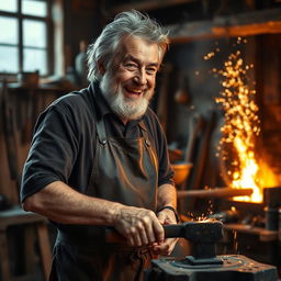 A grizzled older man working as a blacksmith, showcasing his craft in a rustic workshop