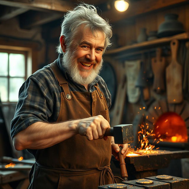 A grizzled older man working as a blacksmith, showcasing his craft in a rustic workshop