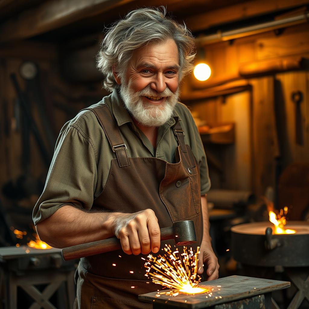 A grizzled older man working as a blacksmith, showcasing his craft in a rustic workshop