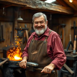 A grizzled older man working as a blacksmith, showcasing his craft in a rustic workshop