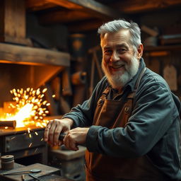 A grizzled older man working as a blacksmith, showcasing his craft in a rustic workshop