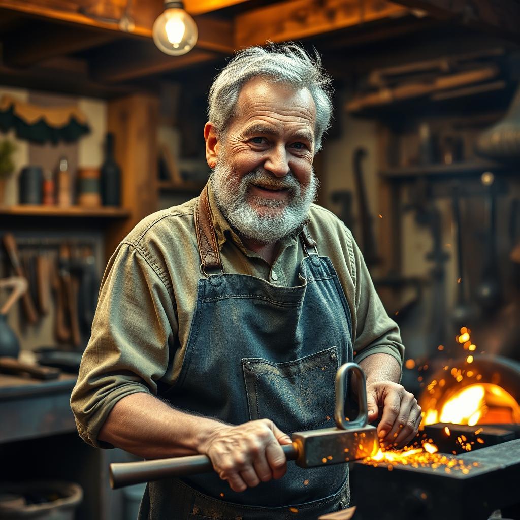 A grizzled older man working as a blacksmith, showcasing his craft in a rustic workshop