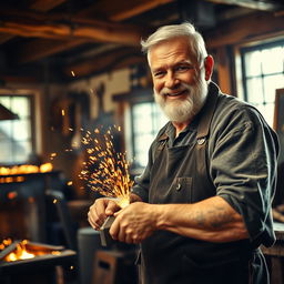 A grizzled older man working as a blacksmith, showcasing his craft in a rustic workshop