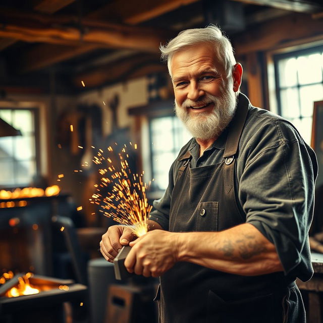 A grizzled older man working as a blacksmith, showcasing his craft in a rustic workshop