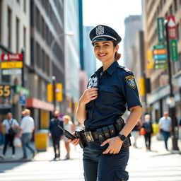 A confident female police officer (polwan) standing at a bustling street corner, in a modern urban setting
