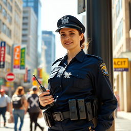 A confident female police officer (polwan) standing at a bustling street corner, in a modern urban setting