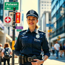 A confident female police officer (polwan) standing at a bustling street corner, in a modern urban setting