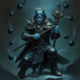 An elegant male Firbolg cleric in a combat stance, situated in a dark and ominous environment