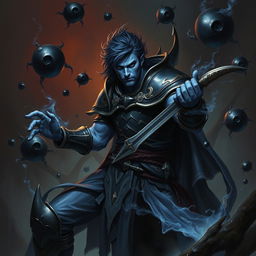 An elegant male Firbolg cleric in a combat stance, situated in a dark and ominous environment