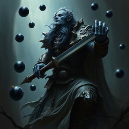 An elegant male Firbolg cleric in a combat stance, situated in a dark and ominous environment