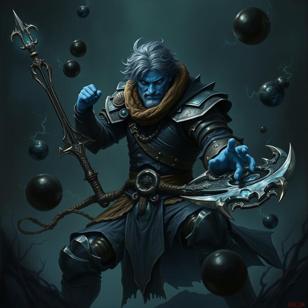 An elegant male Firbolg cleric in a combat stance, situated in a dark and ominous environment
