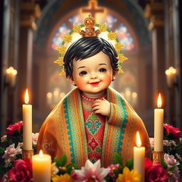 A beautiful representation of the Santo Niño, the Holy Child Jesus, depicted in a colorful and ornate traditional outfit, surrounded by flowers and candles