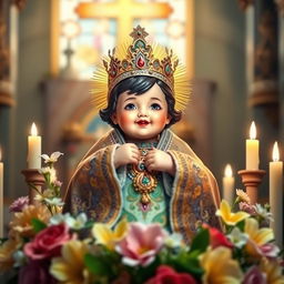 A beautiful representation of the Santo Niño, the Holy Child Jesus, depicted in a colorful and ornate traditional outfit, surrounded by flowers and candles