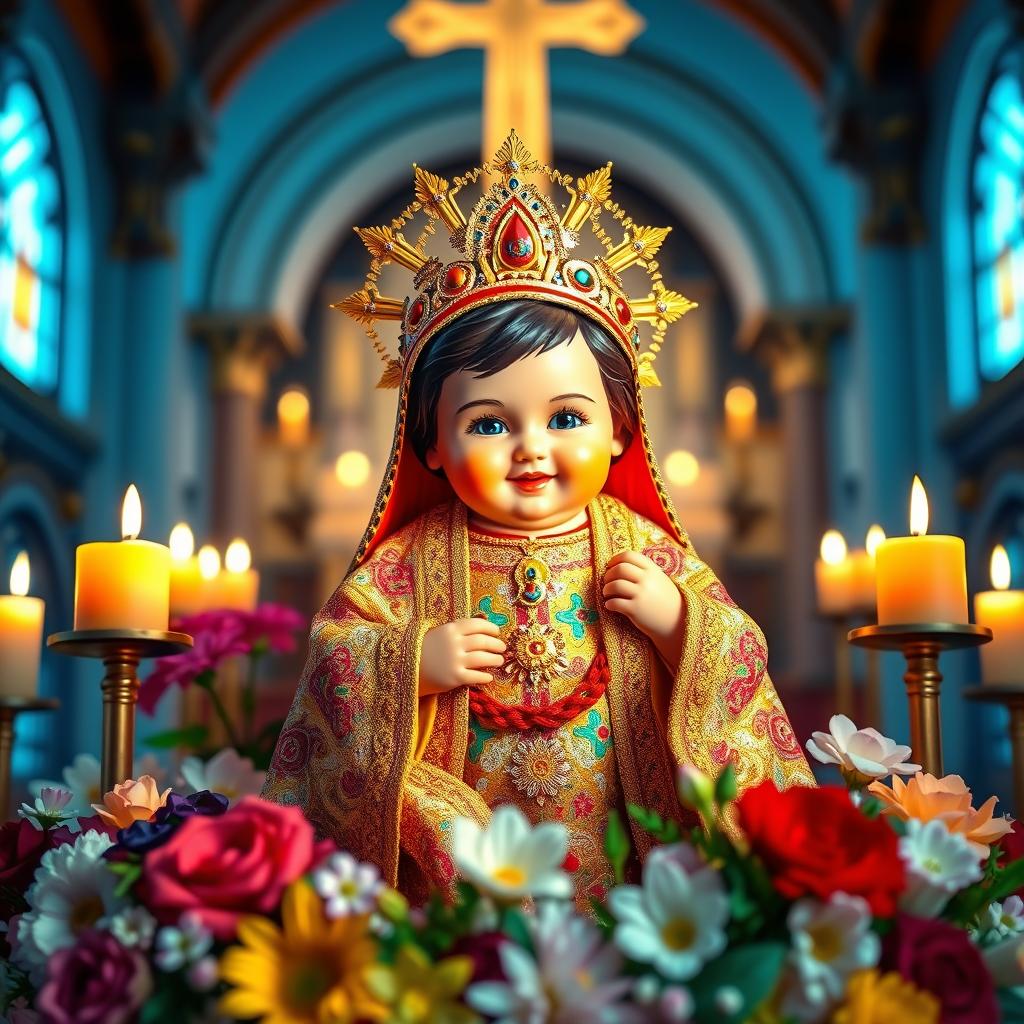 A beautiful representation of the Santo Niño, the Holy Child Jesus, depicted in a colorful and ornate traditional outfit, surrounded by flowers and candles