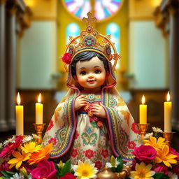 A beautiful representation of the Santo Niño, the Holy Child Jesus, depicted in a colorful and ornate traditional outfit, surrounded by flowers and candles