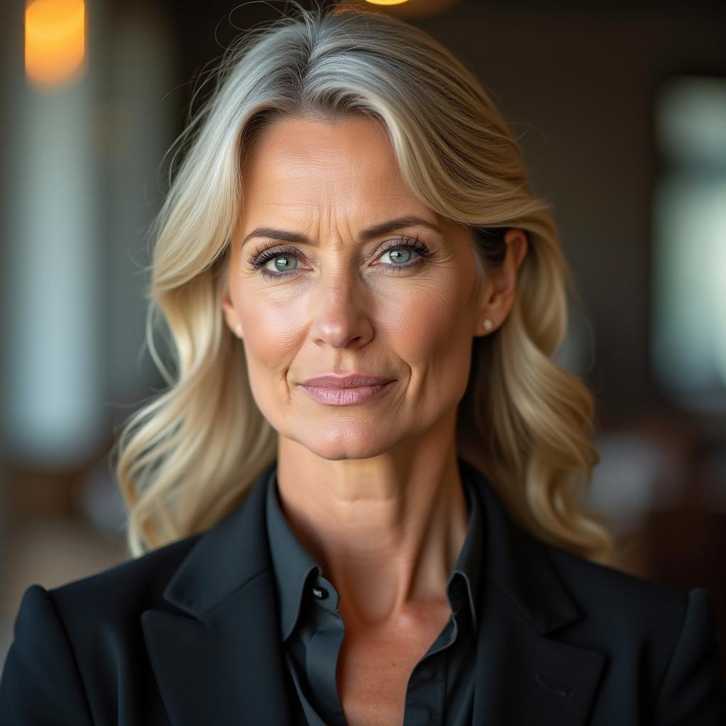 A middle-aged woman who is in shape and well-groomed, showcasing her greying blond hair