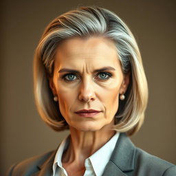 A middle-aged woman who is in shape and well-groomed, featuring her greying blond hair styled elegantly