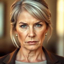 A middle-aged woman who is in shape and well-groomed, featuring her greying blond hair styled elegantly