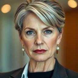 A middle-aged woman who is in shape and well-groomed, featuring her greying blond hair styled elegantly