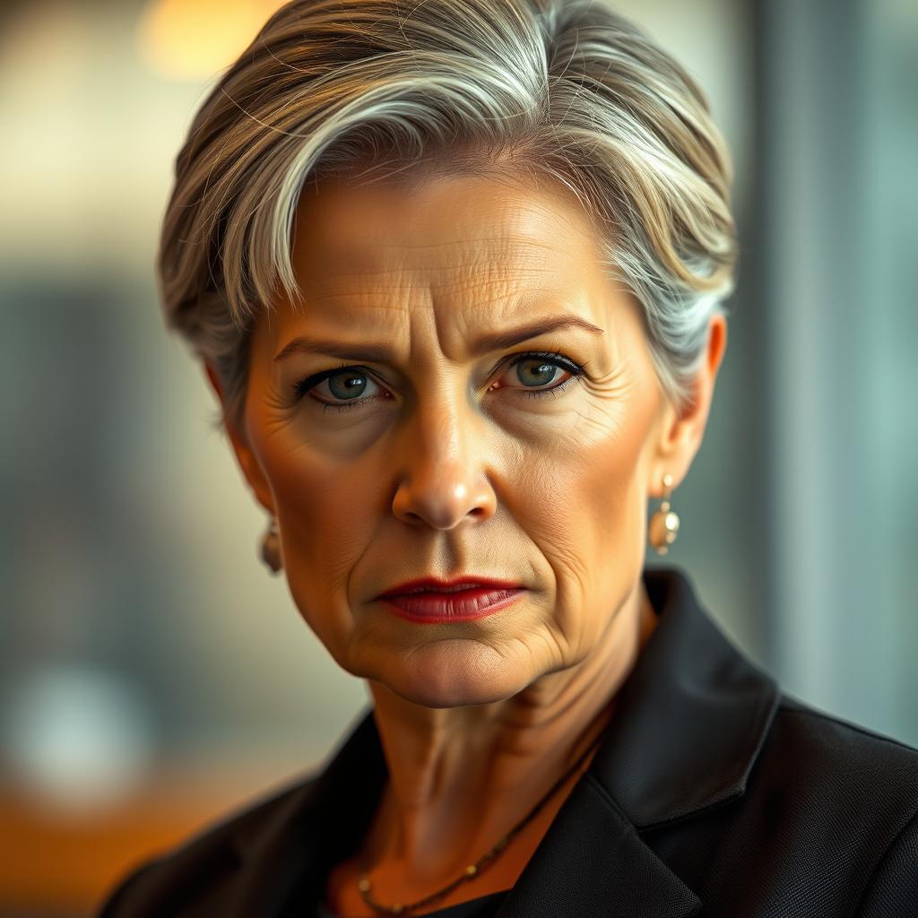 A middle-aged woman who is in shape and well-groomed, featuring her greying blond hair styled elegantly