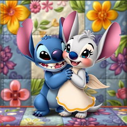 Stitch and Angel from the film "Lilo and Stitch" in a charming and playful pose together, with a visually appealing quilt effect in the background