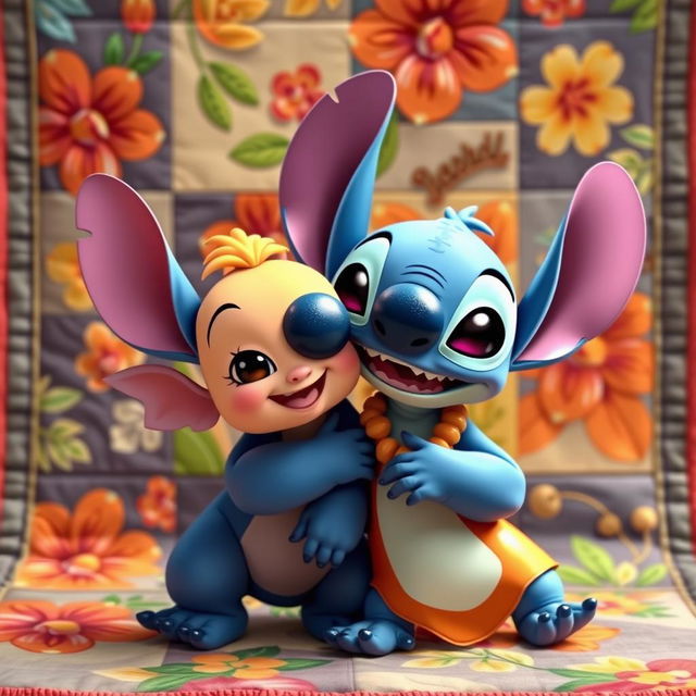 Stitch and Angel from the film "Lilo and Stitch" in a charming and playful pose together, with a visually appealing quilt effect in the background