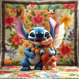 Stitch and Angel from the film "Lilo and Stitch" in a charming and playful pose together, with a visually appealing quilt effect in the background