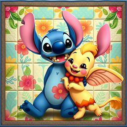 Stitch and Angel from the film "Lilo and Stitch" in a charming and playful pose together, with a visually appealing quilt effect in the background