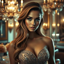 Create an image of a stunning woman in a glamorous setting, inspired by the features of a specific second image which includes defined cheekbones and captivating eyes