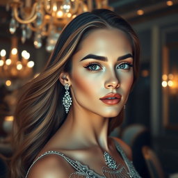 Create an image of a stunning woman in a glamorous setting, inspired by the features of a specific second image which includes defined cheekbones and captivating eyes
