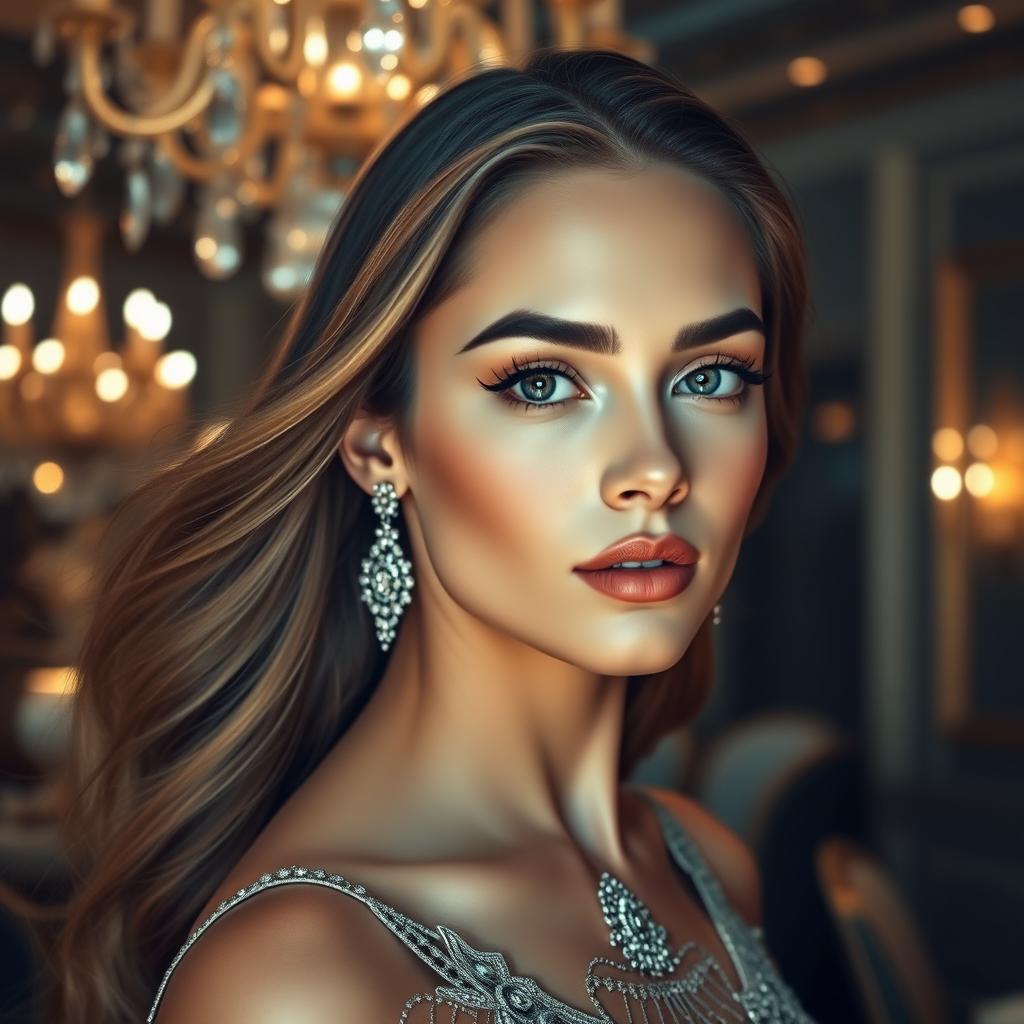 Create an image of a stunning woman in a glamorous setting, inspired by the features of a specific second image which includes defined cheekbones and captivating eyes