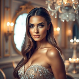 Create an image of a stunning woman in a glamorous setting, inspired by the features of a specific second image which includes defined cheekbones and captivating eyes